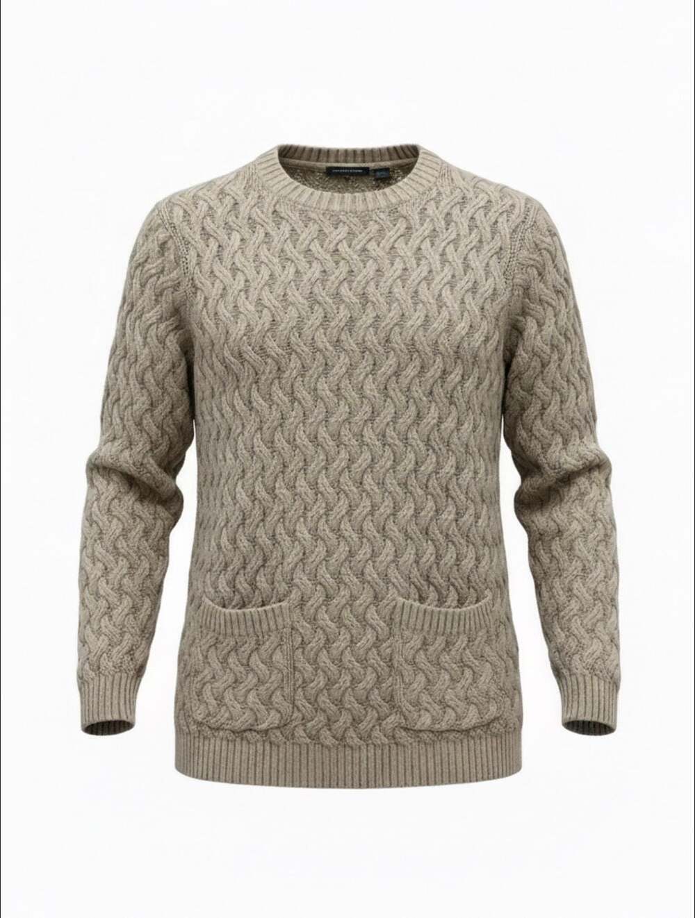 Jeanne Pierre Men's Beige Cable Knit Crew Neck Cotton Sweater with Front Pockets